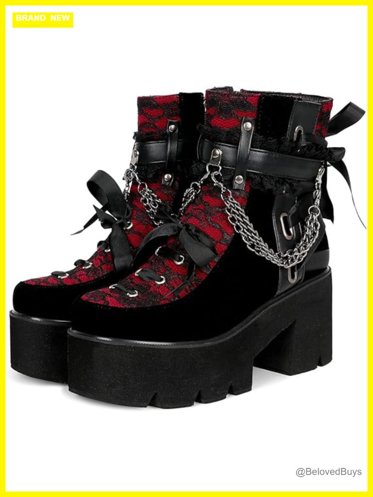 Victorian Lace Platform Goth Boots Chunky High Heels Ankle Boots Lace-Up Punk
